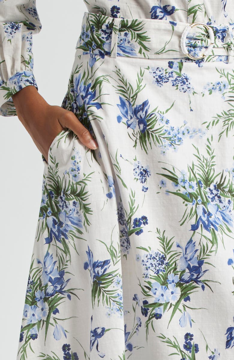 Veronica Beard Arwen Floral Belted Cotton Midi Skirt, Alternate, color, Off White Multi