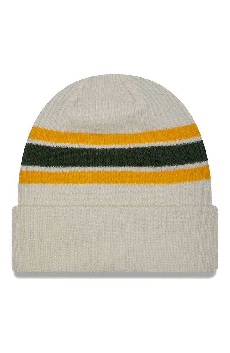 New Era Men's New Era Cream Green Bay Packers Team Stripe Cuffed Knit Hat, Alternate, color,