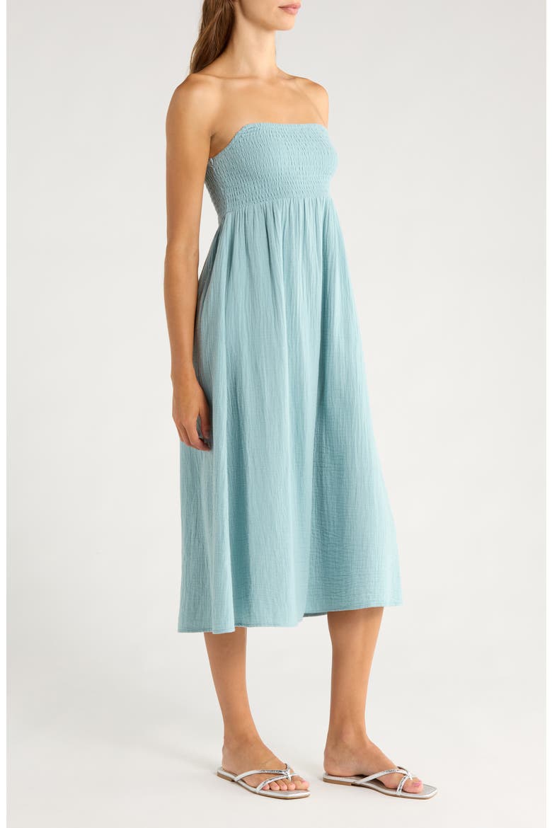 Off the Coast Smocked Bodice Cotton Midi Dress, Alternate, color, BLUE FOG