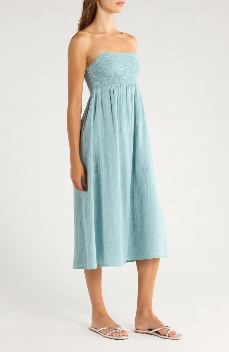 Billabong Off the Coast Smocked Bodice Cotton Midi Dress, Alternate, color, Blue Fog