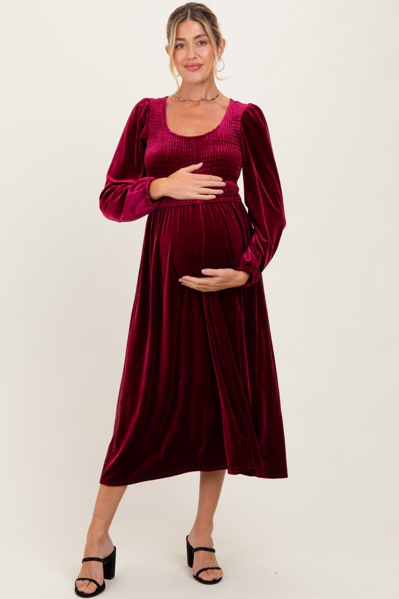 Velvet Smocked Long Sleeve Midi Dress, Alternate, color, Burgundy
