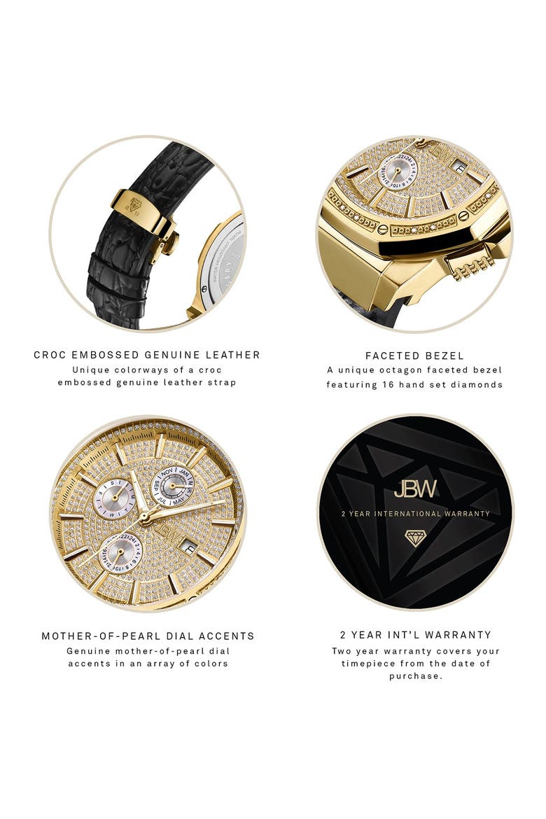 Men's Saxon Diamond Croc Embossed Leather Strap Watch, 48mm - 0.16 ctw, Alternate, color, GOLD