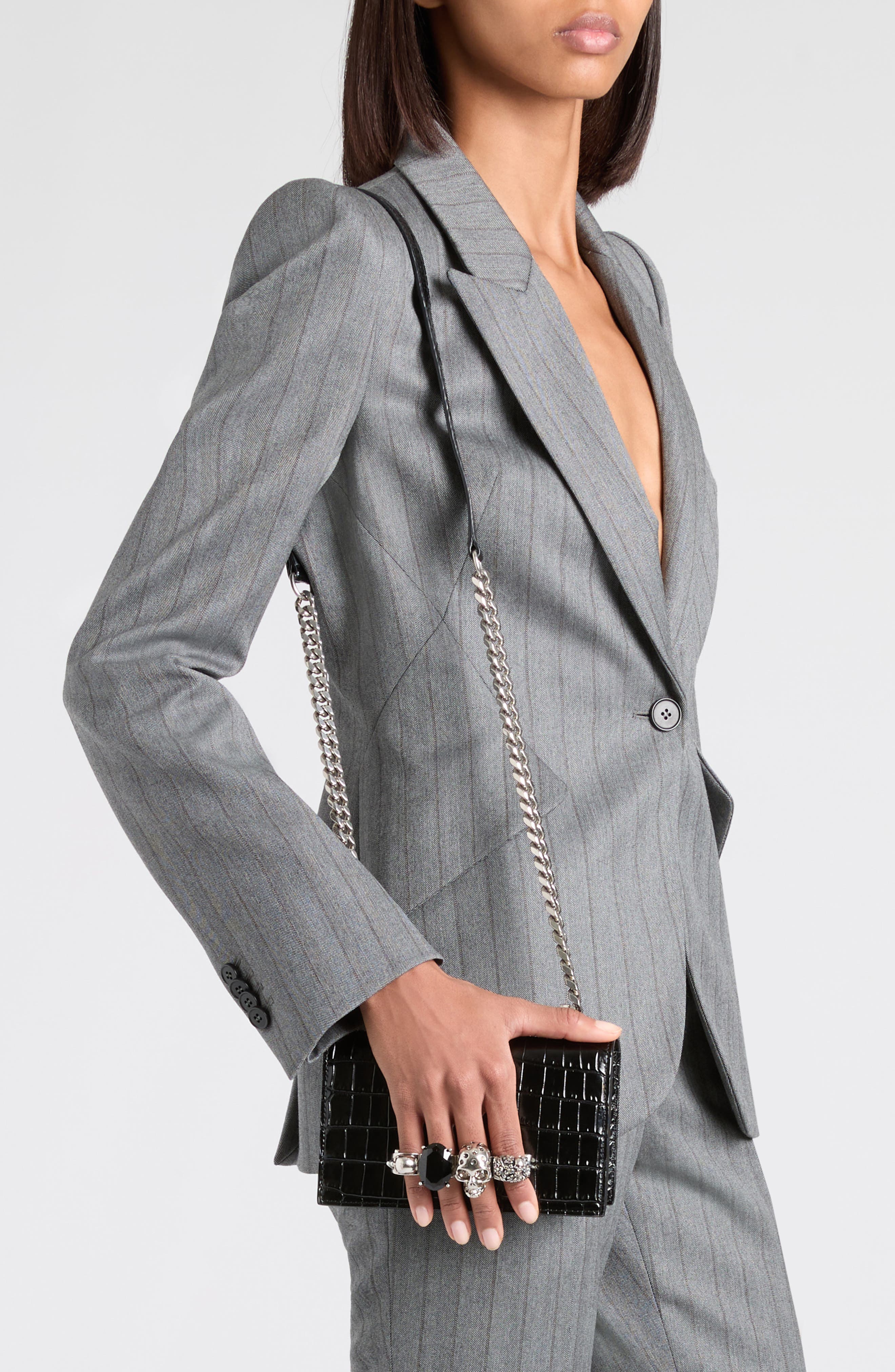 McQueen Mini Jeweled Croc Embossed Leather Crossbody Bag, Alternate, color, Black