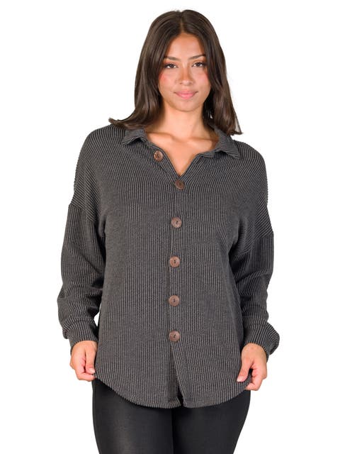 Ribbed Button Up Long Sleeve Collared Shirt Jacket