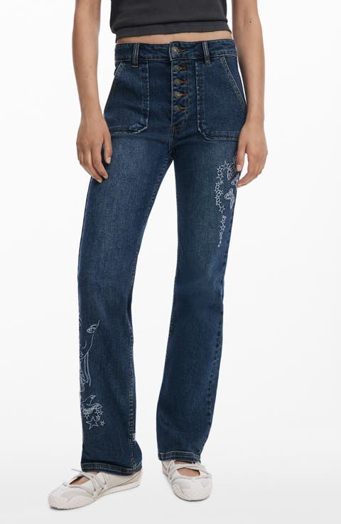 Embroidered Detail Exposed Button-Fly Jeans