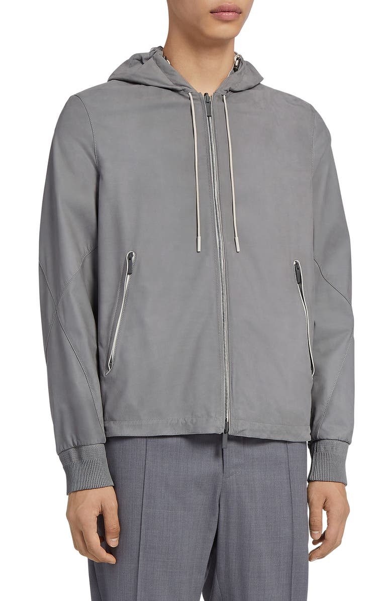 ZEGNA Reversible Calfskin Nappa & Technical Zip Hooded Jacket, Main, color,