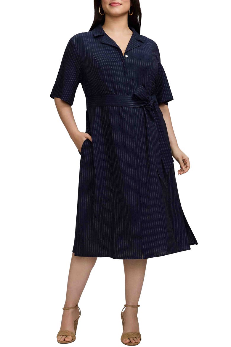 Aniston Stripe Linen Blend Shirtdress, Main, color, NAVY BLUE/ WHITE