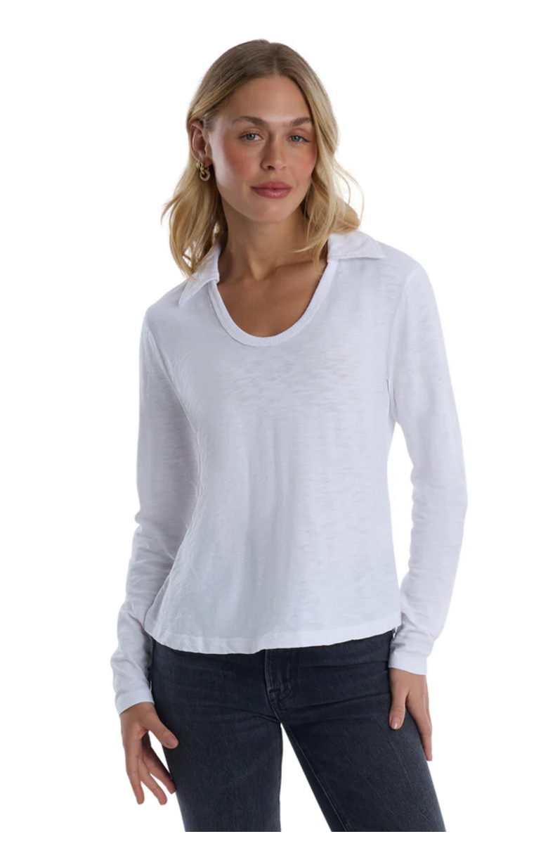 WILT Clothing Scoop Neck Long Sleeve Polo Tee with Round Hem, Main, color, White