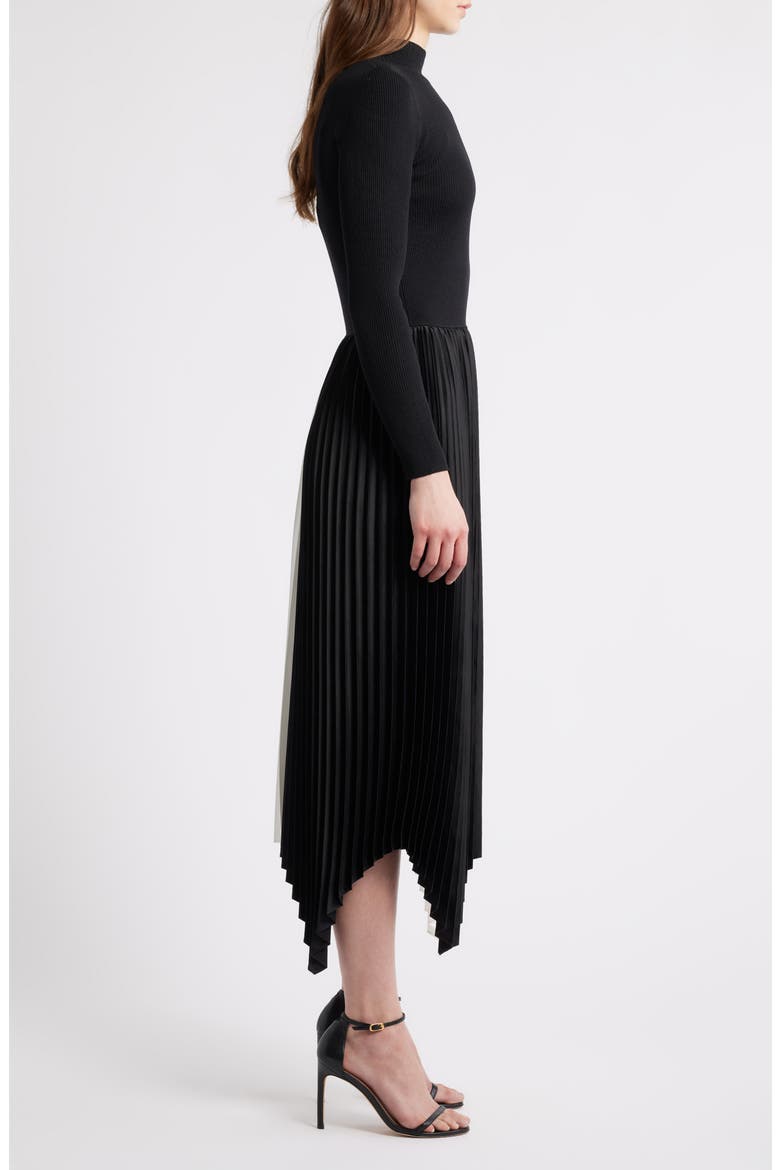 The Elsa Long Sleeve Mixed Media Midi Dress, Alternate, color, NOIR/ SKY WHITE