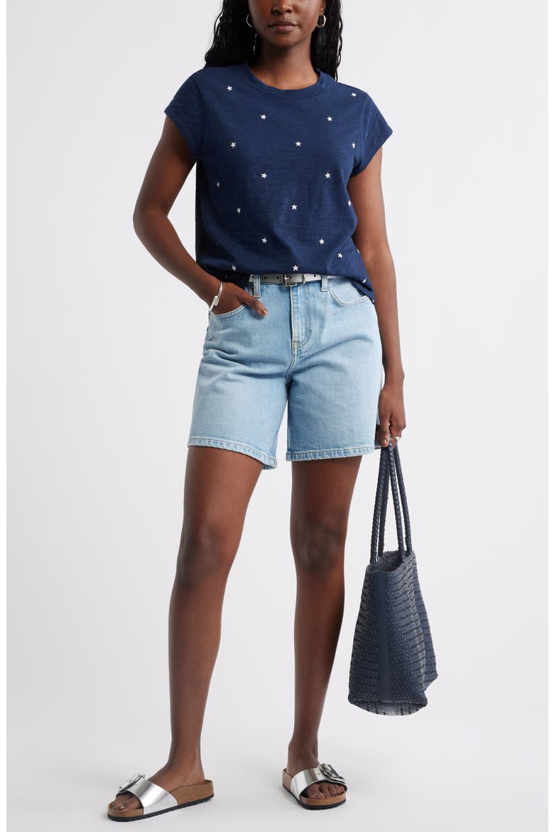 Star Embroidered Cap Sleeve T-Shirt, Alternate, color, NAVY- IVORY TOSSED STARS