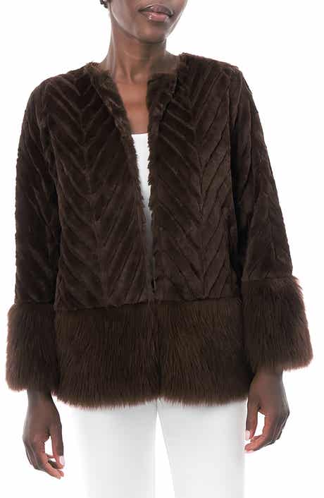Nina Leonard Chevron Faux Fur Long Sleeve Bolero