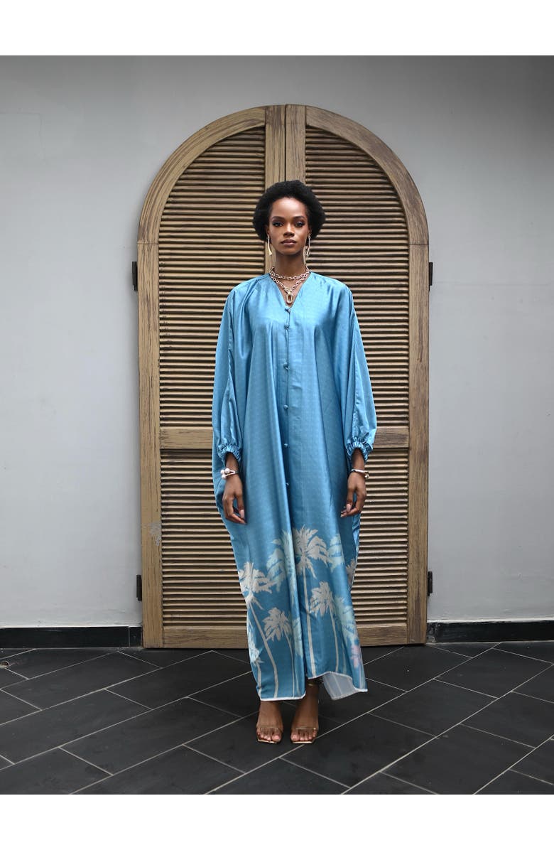 Flaunt Archive Azure Palm Print Caftan, Alternate, color, Blue