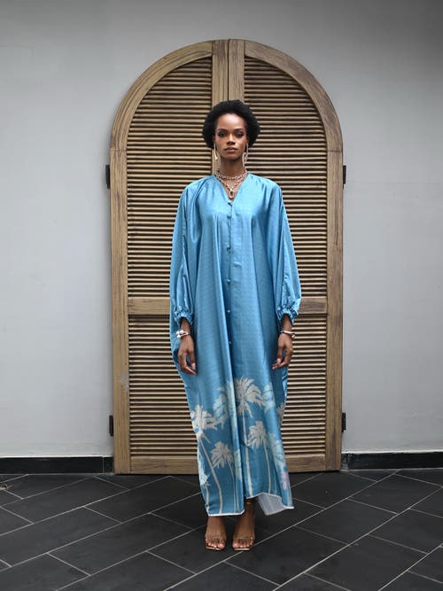 Flaunt Archive Azure Palm Print Caftan In Multi