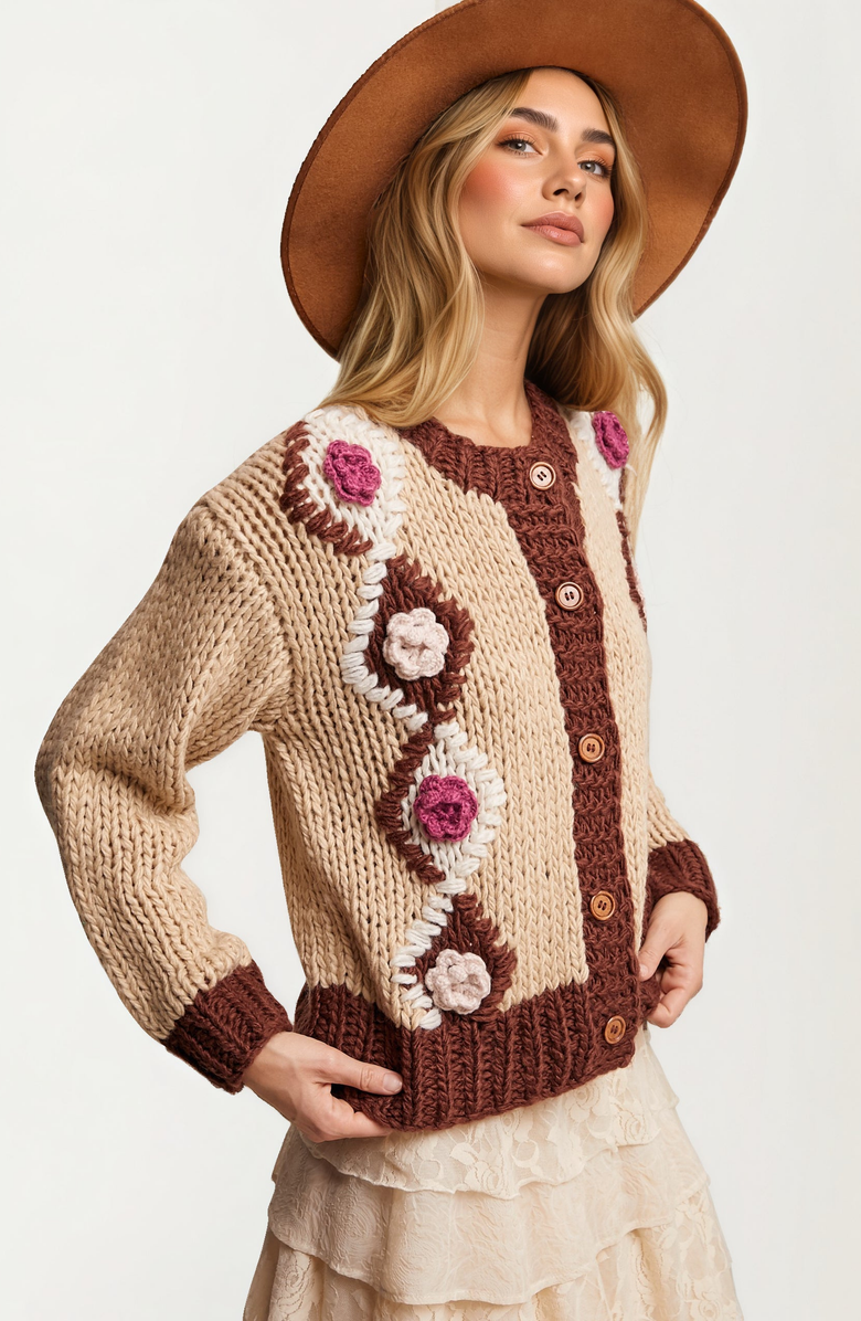 Knit and Lounge Chunky Floral Crochet Knit Cardigan, Alternate, color, Brown With Floral Accents