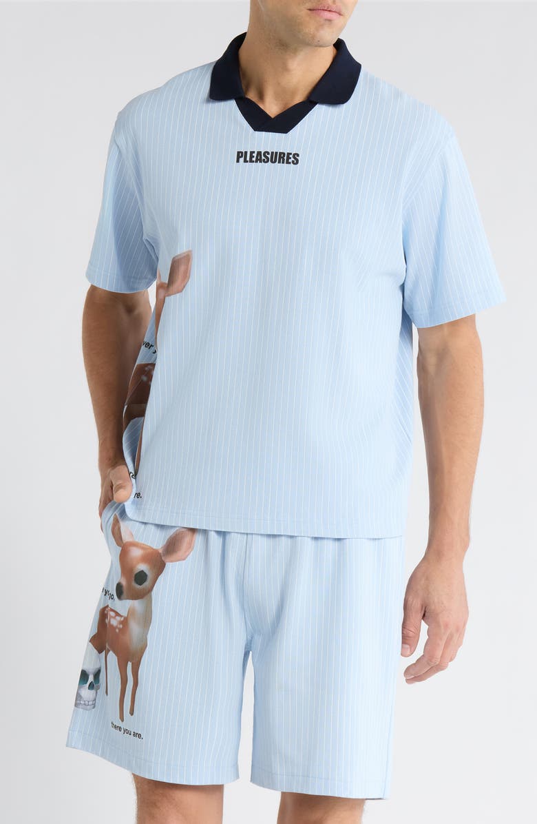 PLEASURES Pet Pinstripe Graphic Cotton Polo, Main, color, Blue