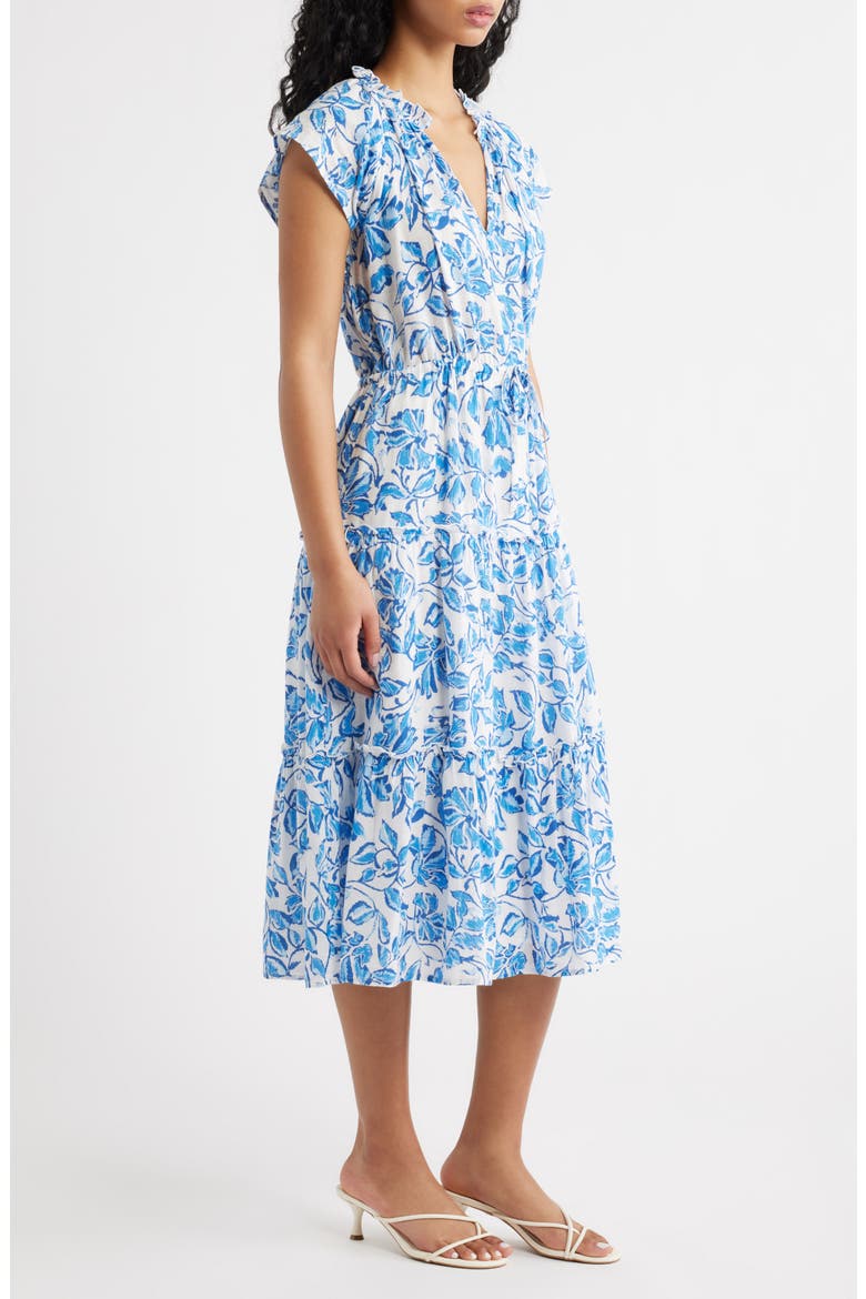 Juni Floral Tie Waist Linen Blend Midi Dress, Alternate, color, AZURE JASMINE