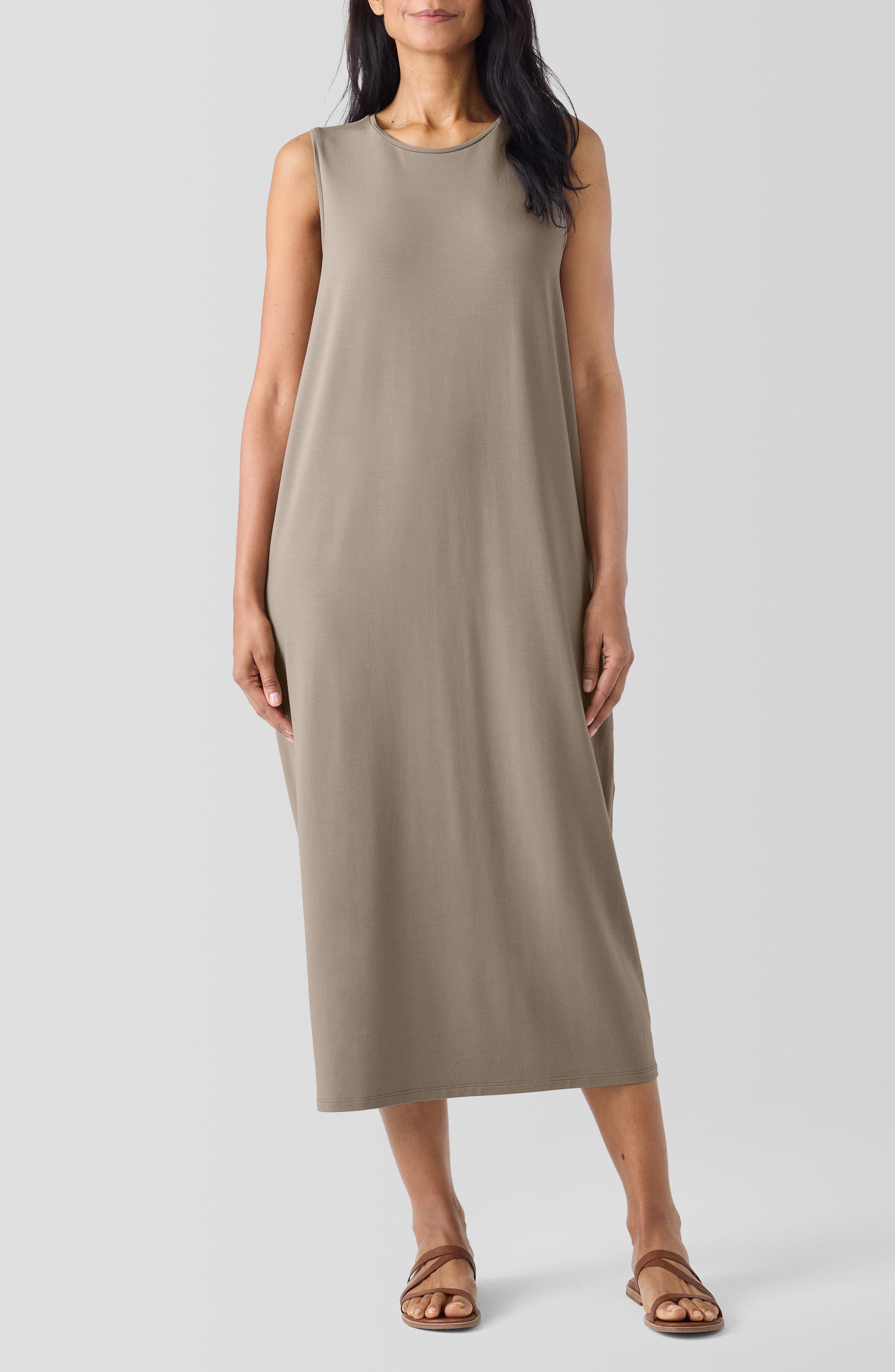 Eileen Fisher Round Neck Oval Stretch Sleeveless Midi Dress