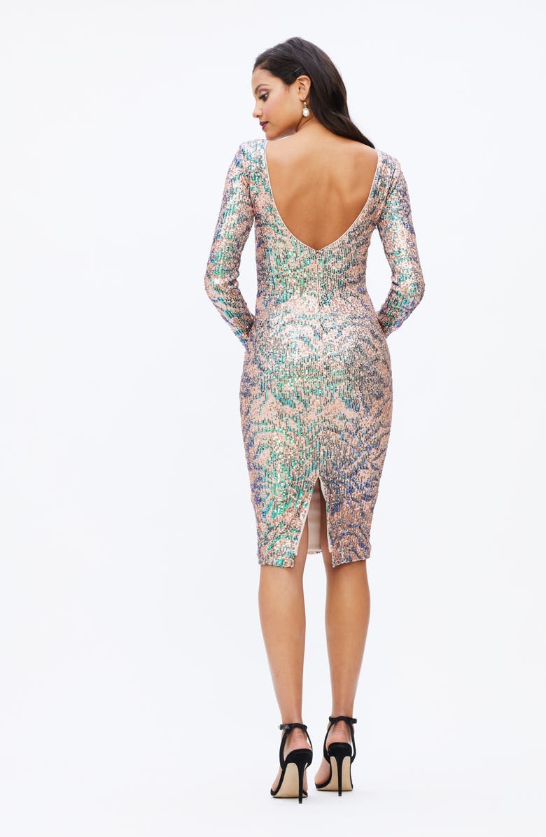 Dress the Population Emery Sequin Floral Long Sleeve Midi Cocktail Dress, Alternate, color, 