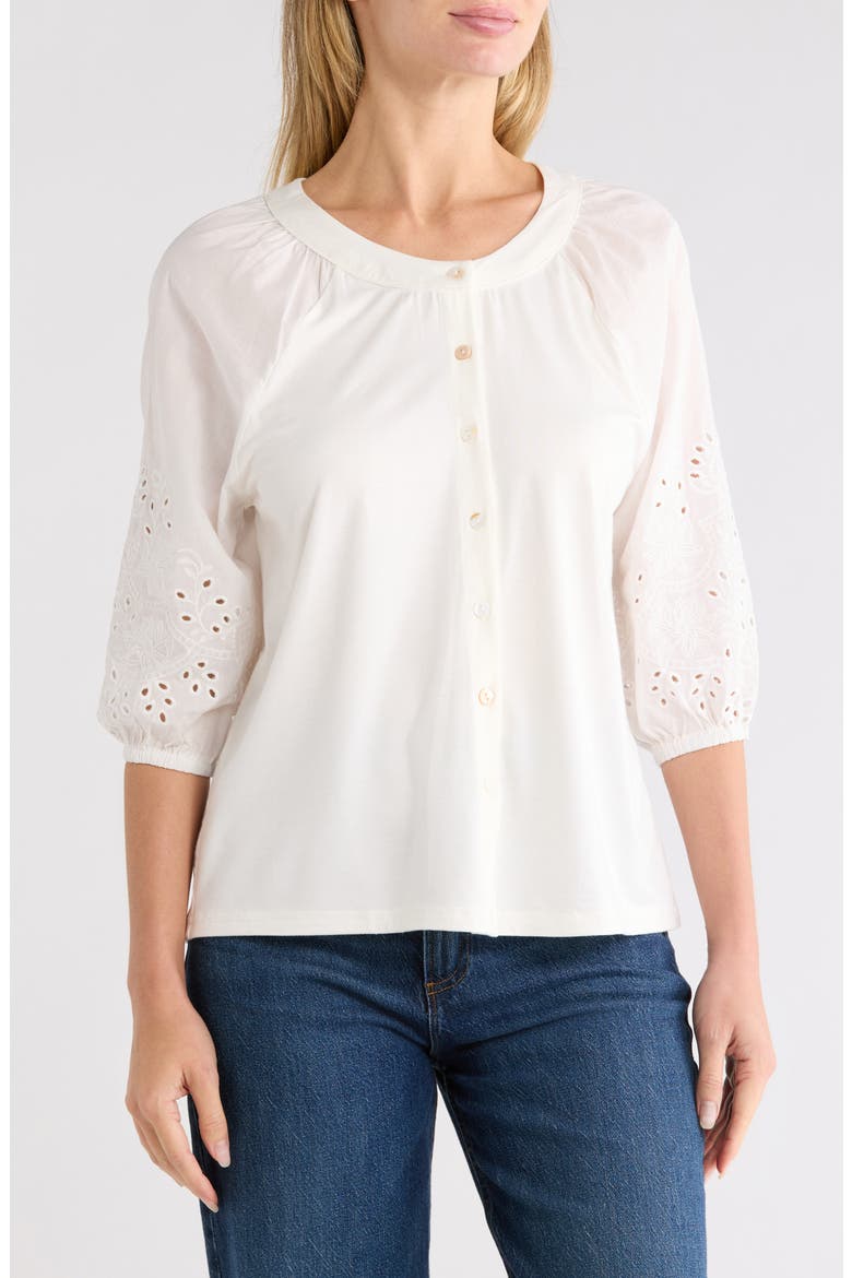 Eyelet Sleeve Button Front Top, Main, color, WHITE