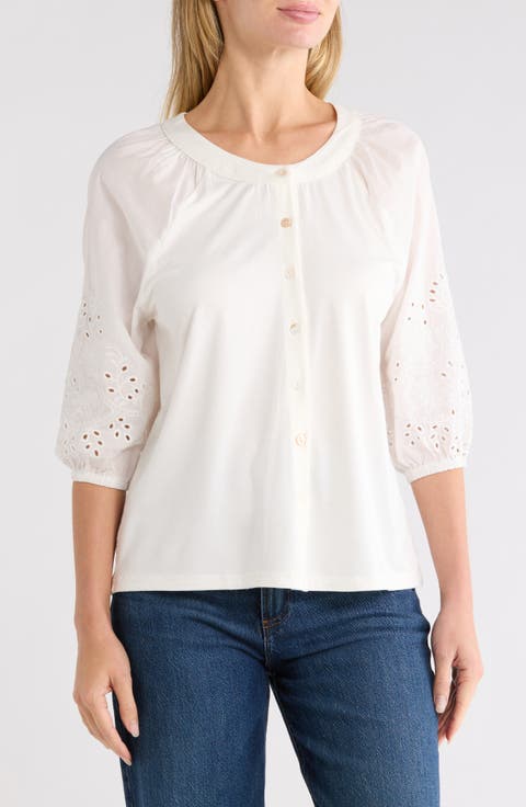Eyelet Sleeve Button Front Top