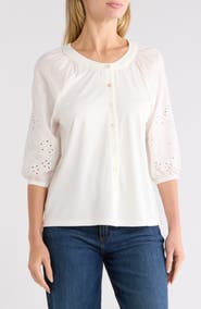 Forgotten Grace Eyelet Sleeve Button Front Top