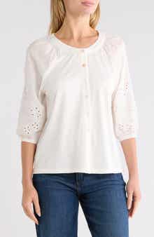Eyelet Sleeve Button Front Top
