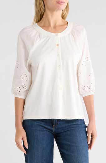 Eyelet Sleeve Button Front Top