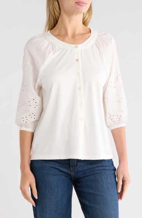 Eyelet Sleeve Button Front Top