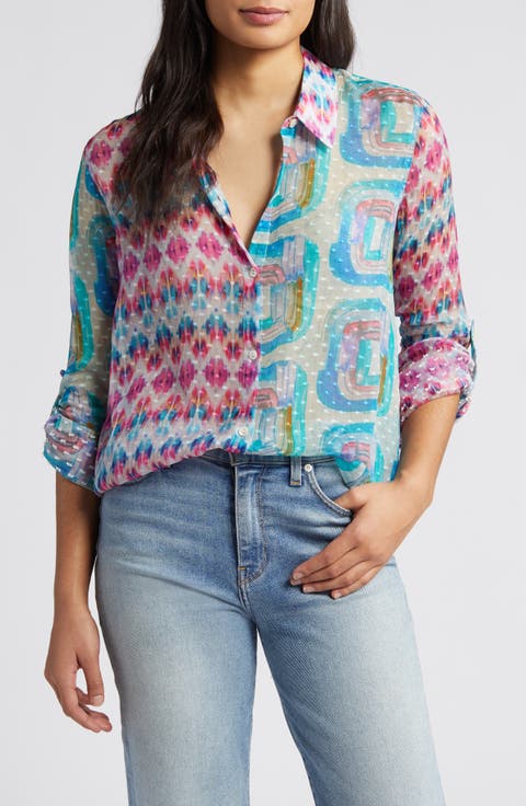 Print Roll-Up Sleeve Chiffon Button-Up Shirt