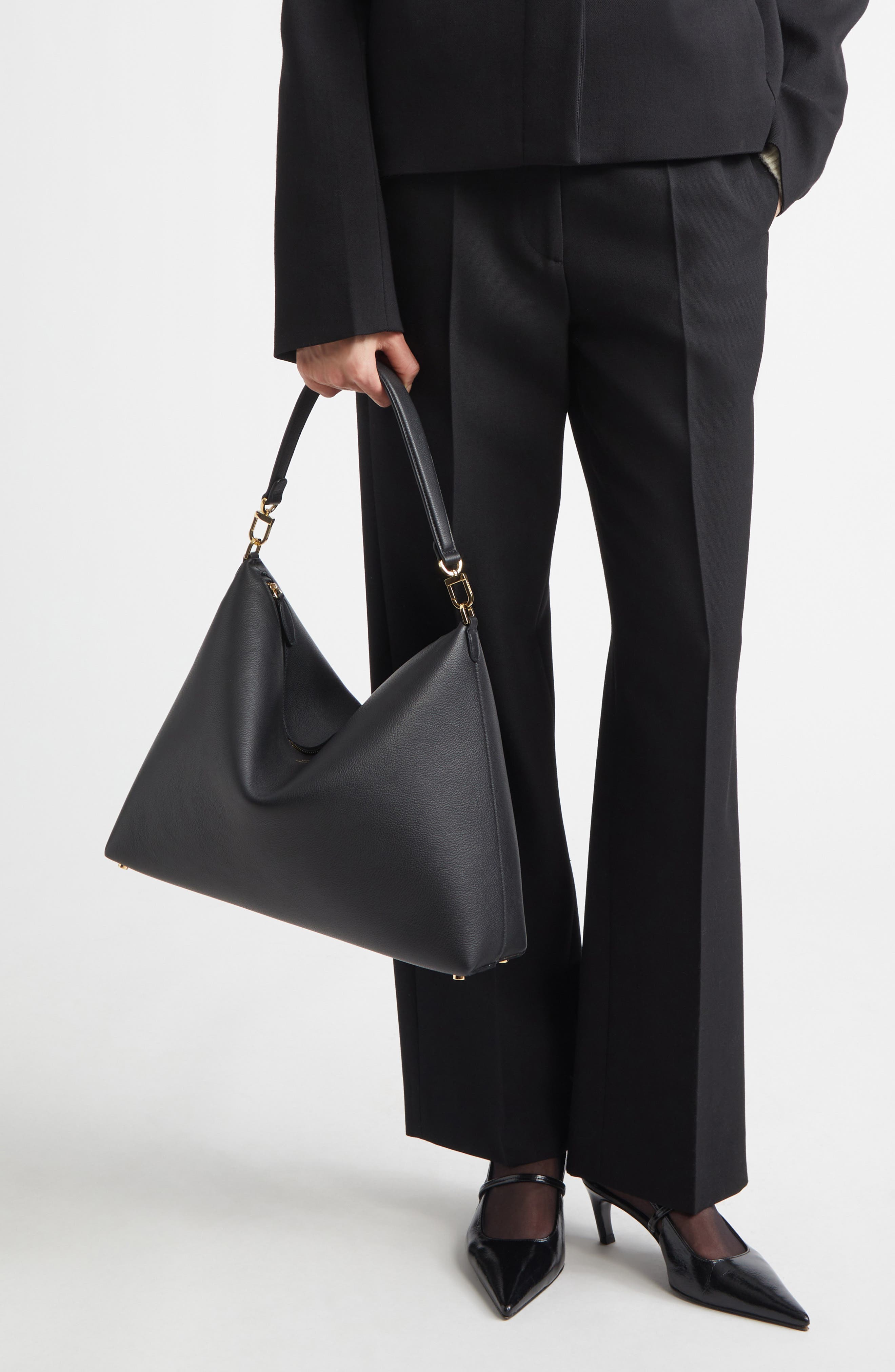 TOTEME Medium Bevel Leather Hobo Bag, Alternate, color, Black