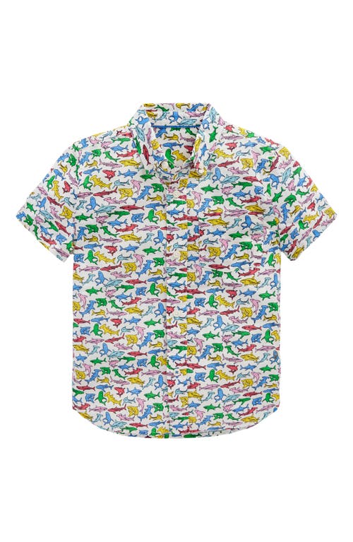 Shop Mini Boden Kids' Shark Print Short Sleeve Linen & Cotton Button-down Shirt In Multi Sharks