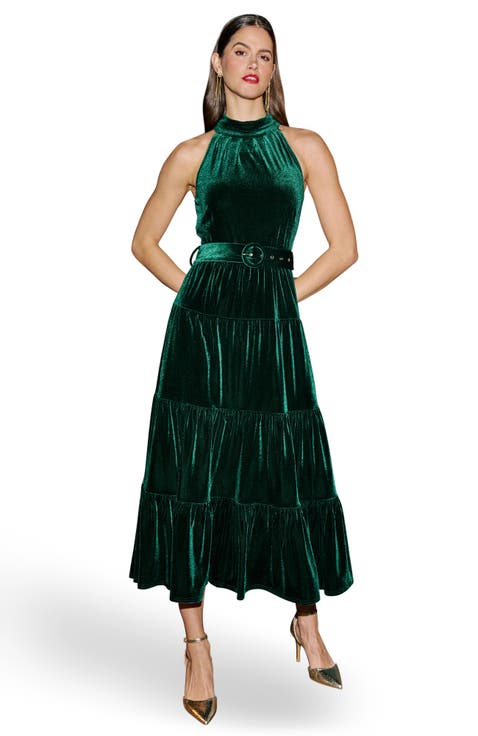Velvet Halter Neck Belted Maxi Dress
