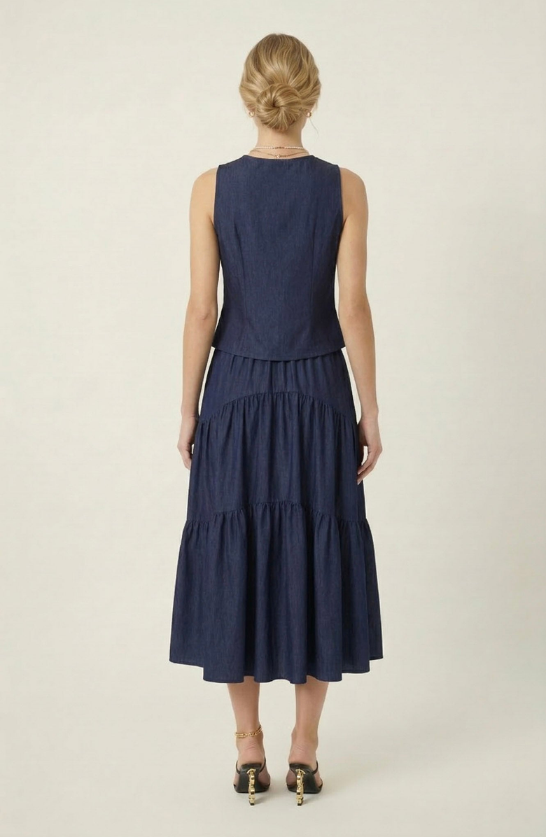 Modenaire Sleeveless Structured Top and Tiered Midi Skirt Set, Alternate, color, Navy Blue