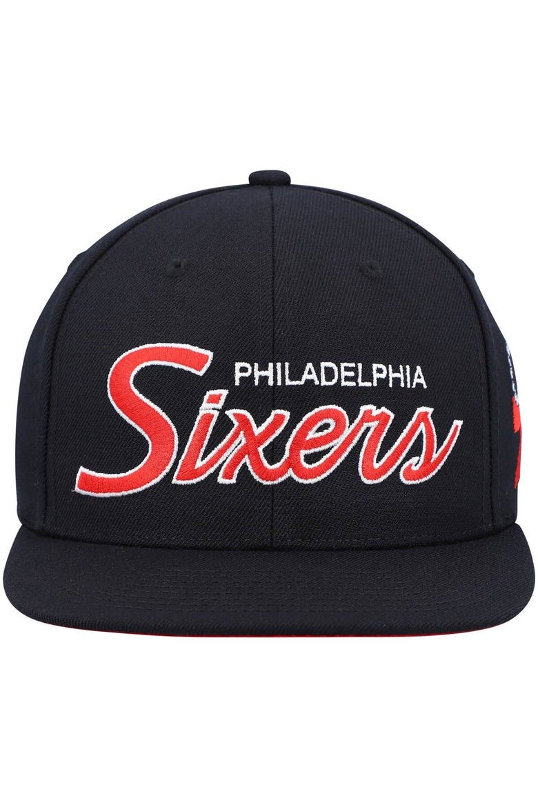 Men's Mitchell & Ness Black Philadelphia 76ers Hardwood Classics Script 2.0 Snapback Hat, Alternate, color, Black