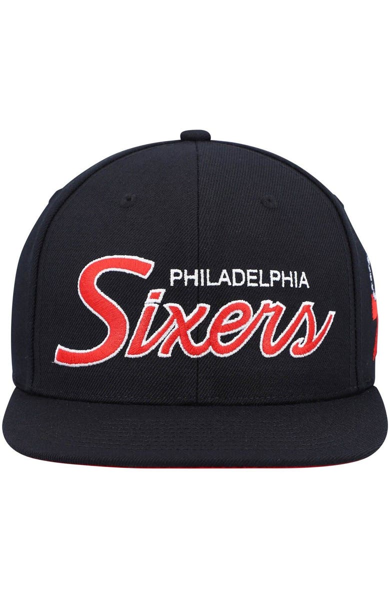 Mitchell & Ness Men's Mitchell & Ness Black Philadelphia 76ers Hardwood Classics Script 2.0 Snapback Hat, Alternate, color, Black