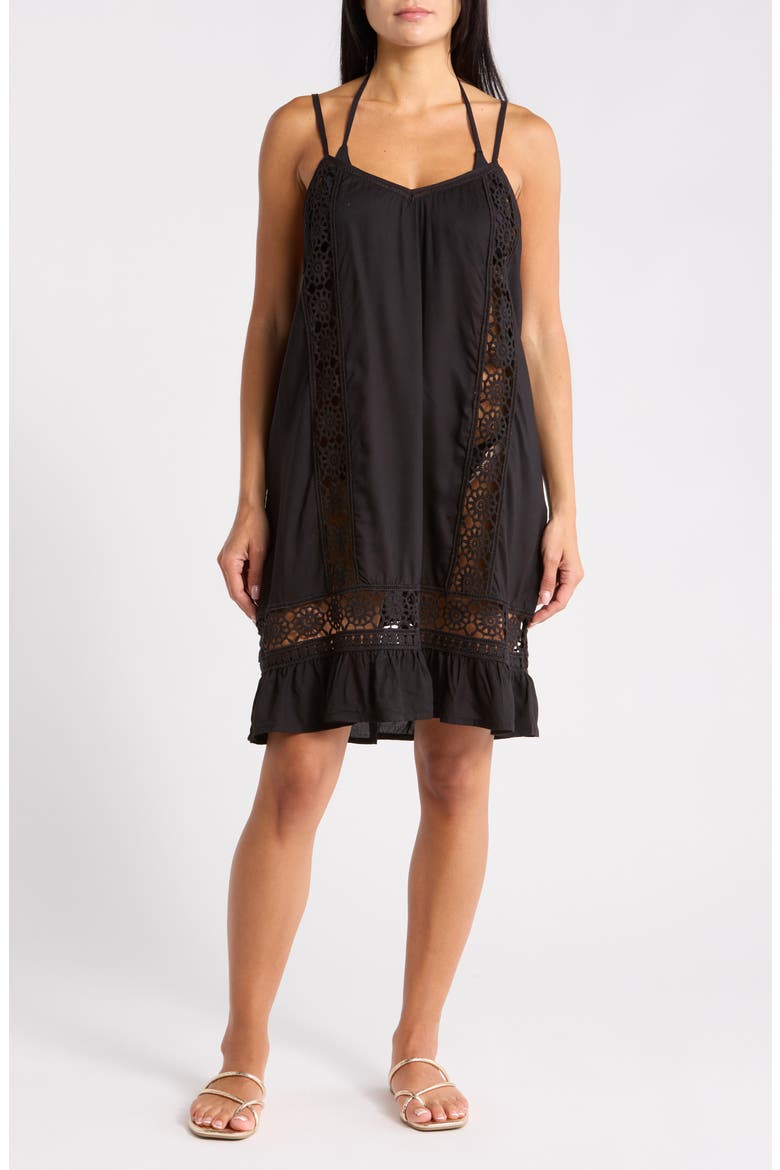 Open Knit Inset Minidress, Main, color, BLACK