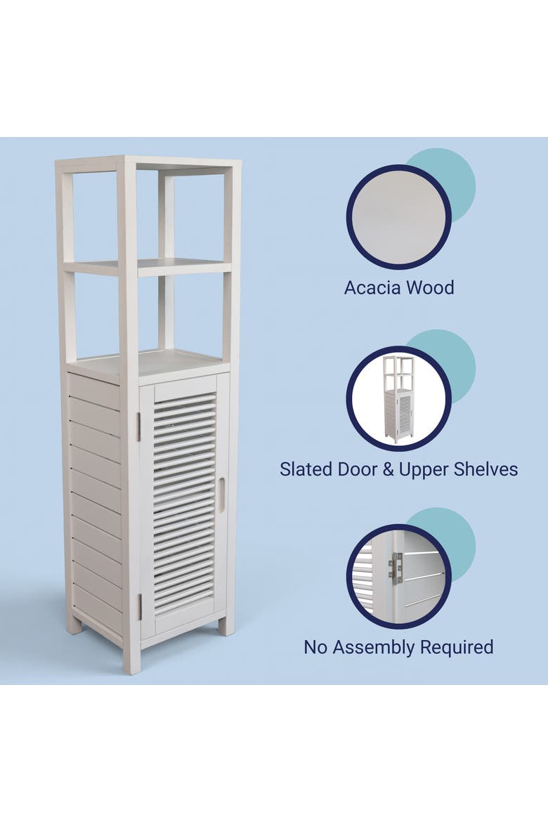 Solstice Handcrafted Pine Wood Bathroom Freestanding Floor Storage Cabinet with Louvered Door and 3-Tier Open Shelves, Alternate, color, White