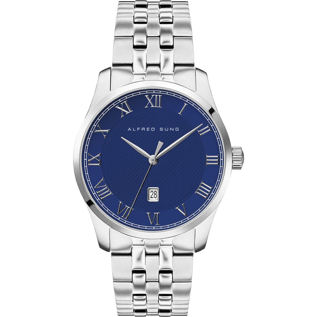 Alfred Sung Tempus Stainless Steel Bracelet Watch, 42mm In Silver Bracelet Blue Dial