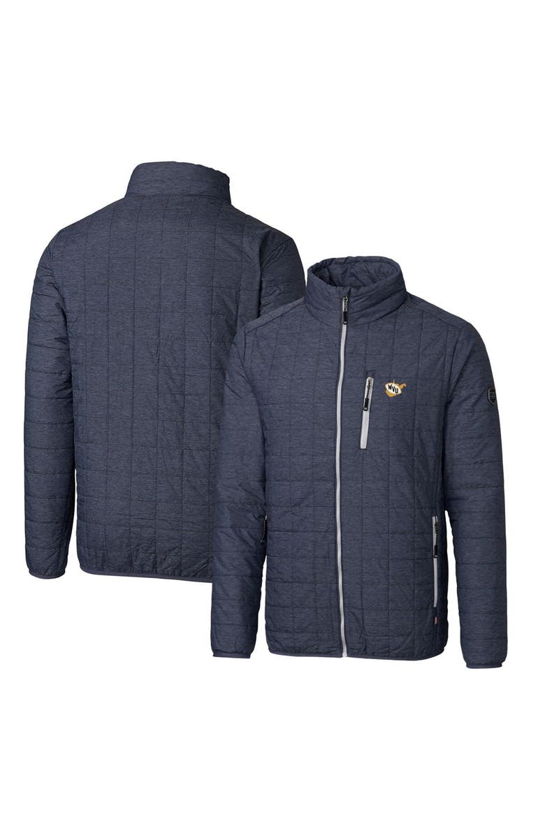 Cutter & Buck Heather Navy West Virginia Mountaineers Primary Team Logo Rainier PrimaLoft Eco Insulated Full-Zip Puffer Jacket, Main, color,