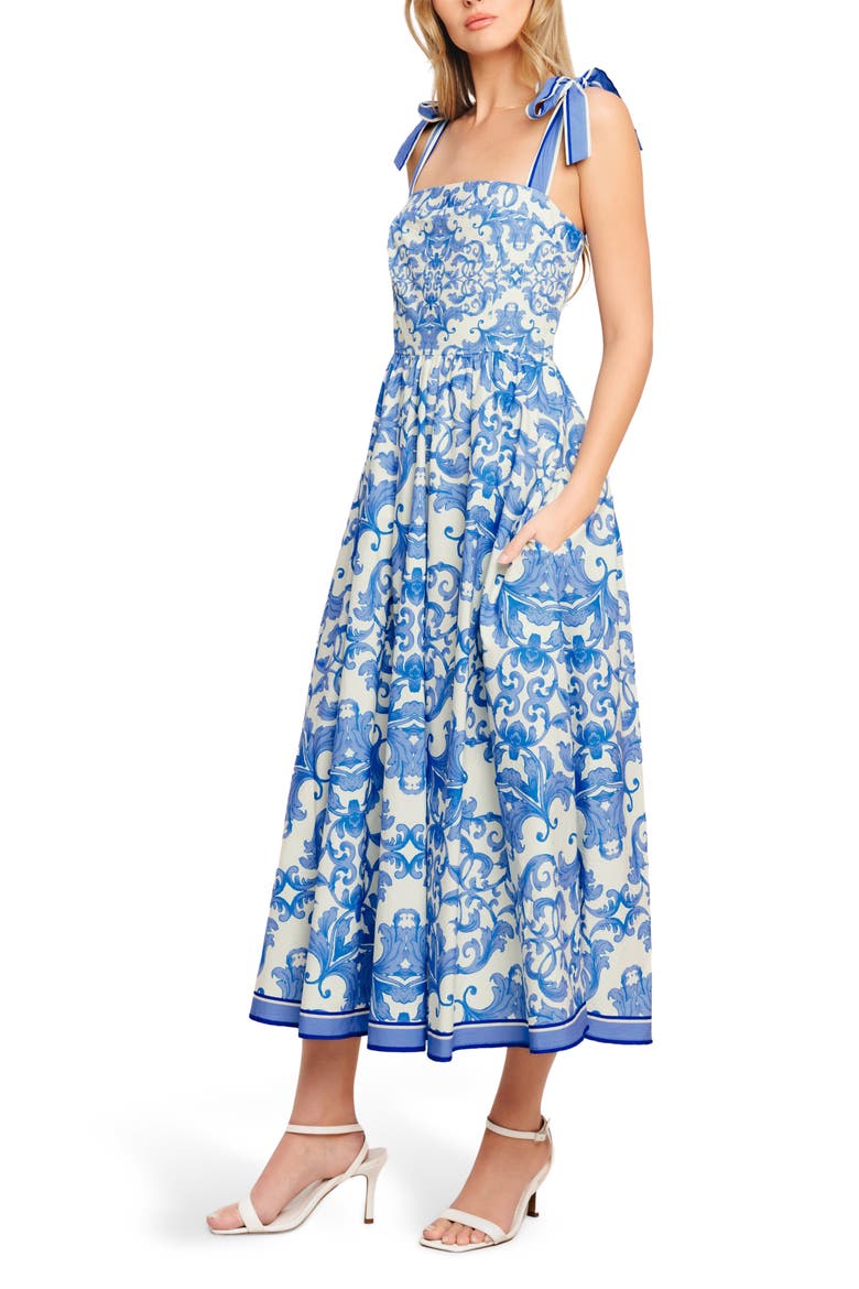 Bow Tied Shoulder Strap Midi Dress, Alternate, color, IVORY BLUE