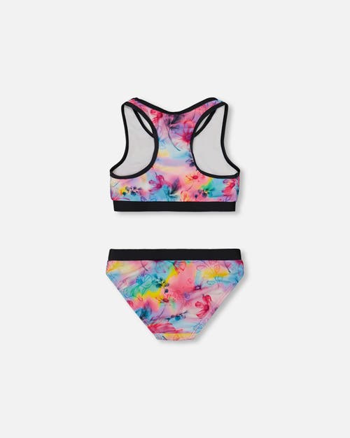 DEUX PAR DEUX DEUX PAR DEUX LITTLE GIRL'S PRINTED TWO-PIECE RACERBACK SWIMSUIT BUTTERFLIES ON MULTICOLORED AND BLA 