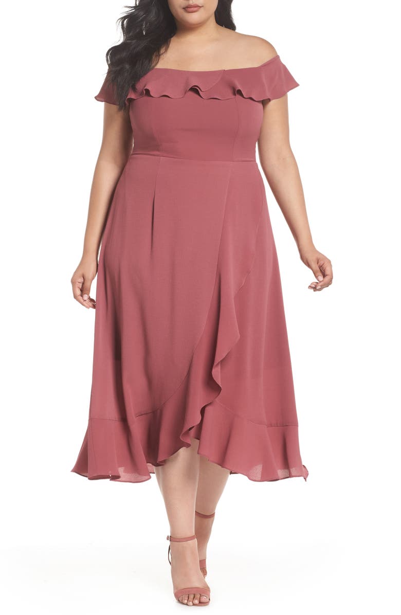 City Chic Off the Shoulder Ruffle High/Low Dress, Alternate, color,