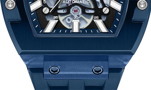 Kenneth Cole New York Skeleton Tonneau Automatic Silicone Strap Watch, 44mm X 56.2mm In Blue