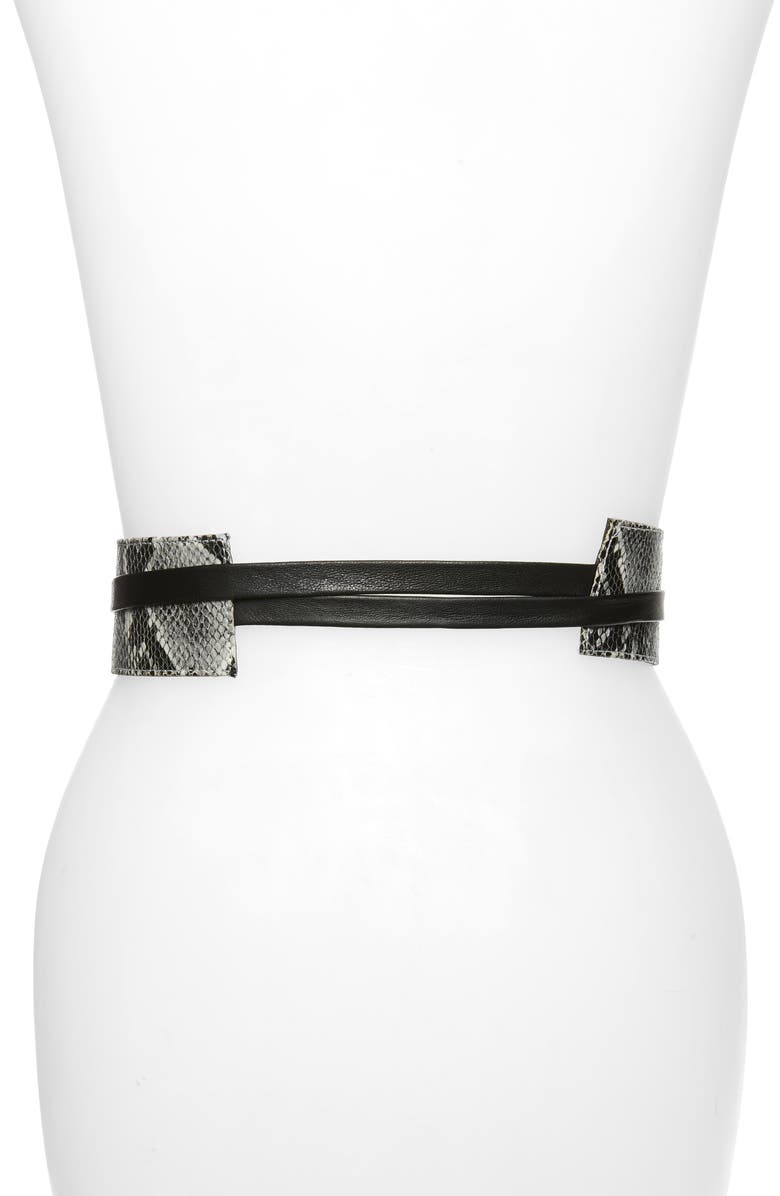 Raina Bronco Snake Embossed Leather Wrap Belt, Alternate, color, Black And Gray