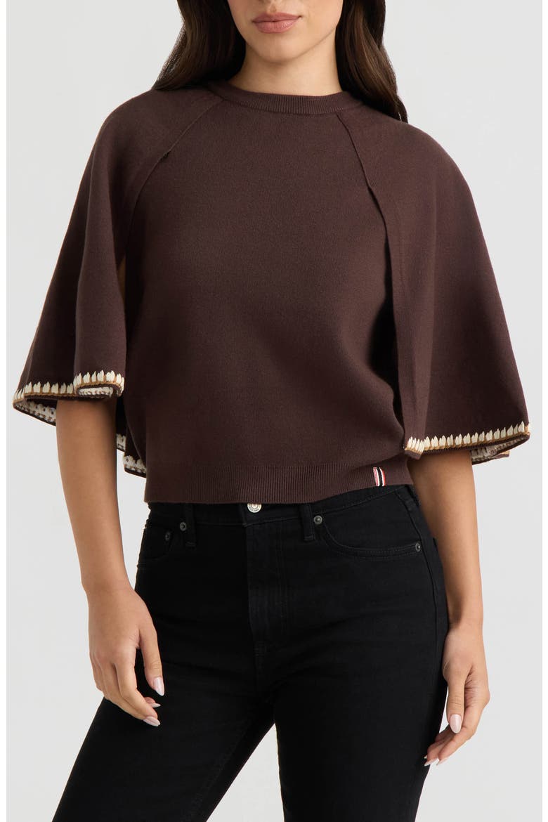 Embroidered Cape Sleeve Sweater, Main, color, GROUND COFFEE