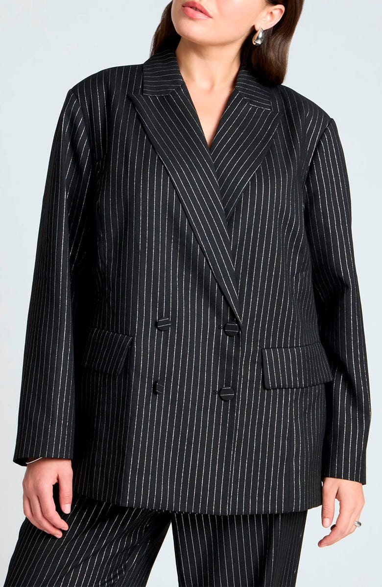 ELOQUII Metallic Pinstripe Double Breasted Blazer, Main, color, Black