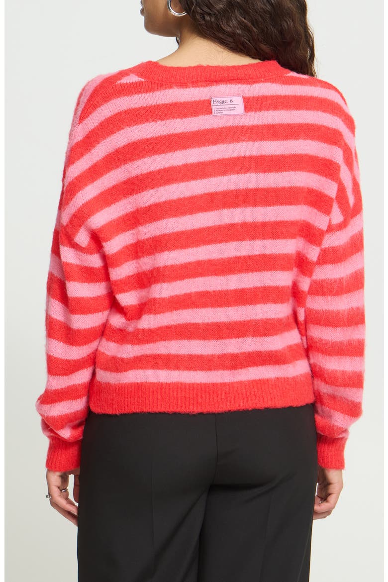 Striped V-Neck Cardigan, Alternate, color, POINSETTIA WITH PINK STRIPE