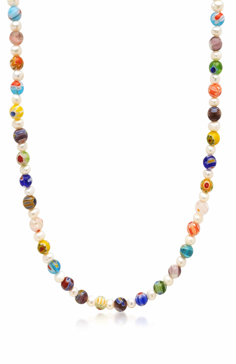 Pearl Necklace with Hand-Painted Glass Beads