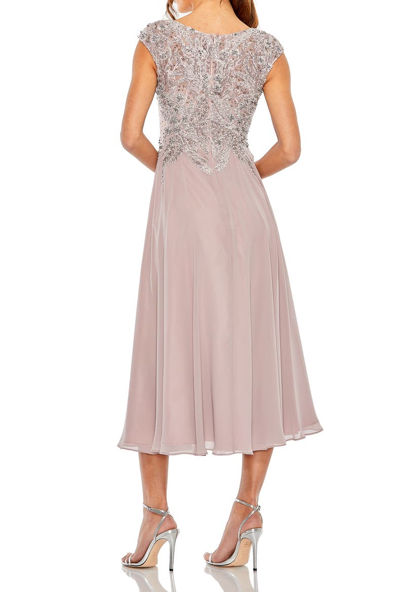 Women's Embroidered Beaded Midi Dress with Cap Sleeves, Alternate, color, Vintage Lilac