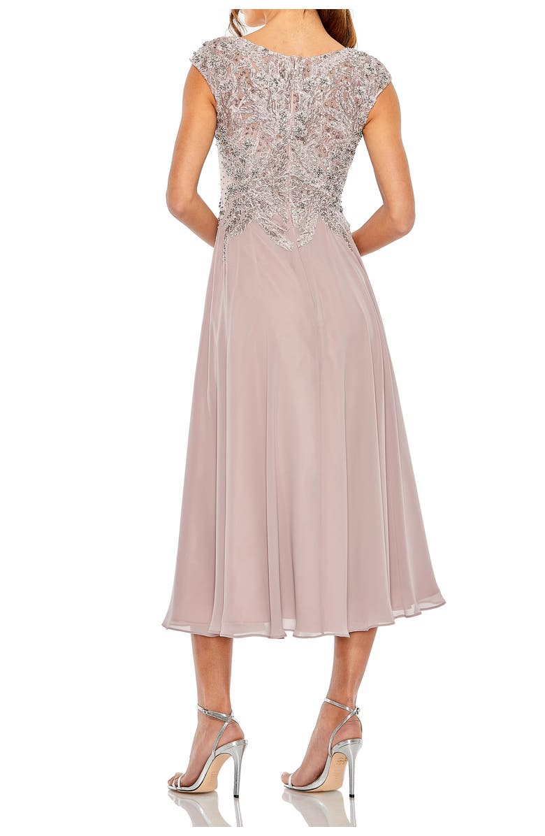 Mac Duggal Women's Embroidered Beaded Midi Dress with Cap Sleeves, Alternate, color, Vintage Lilac